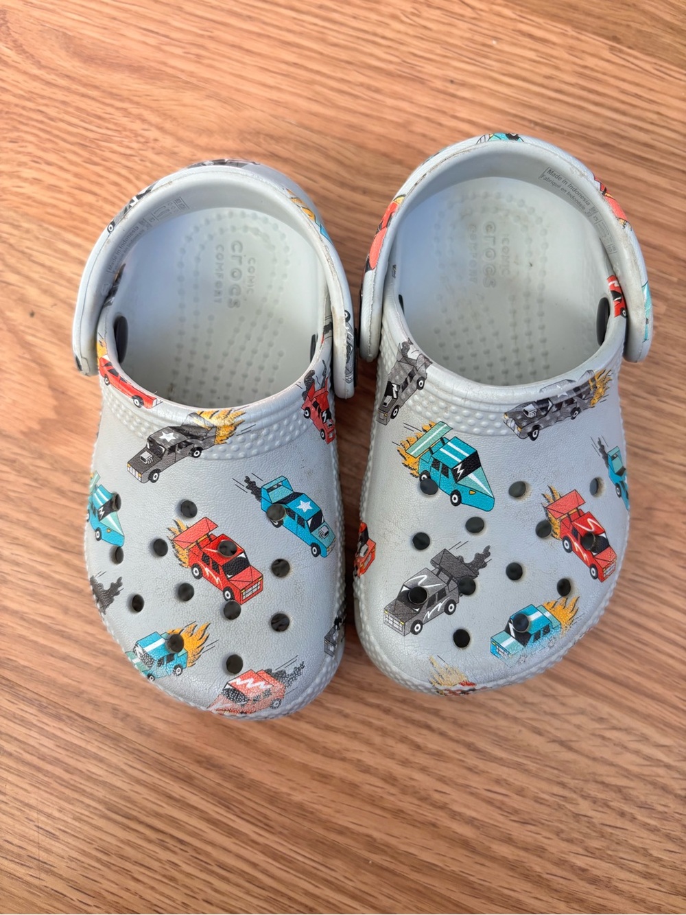 CROCS Kids Light Gray Clog with Colorful Race Car Print
